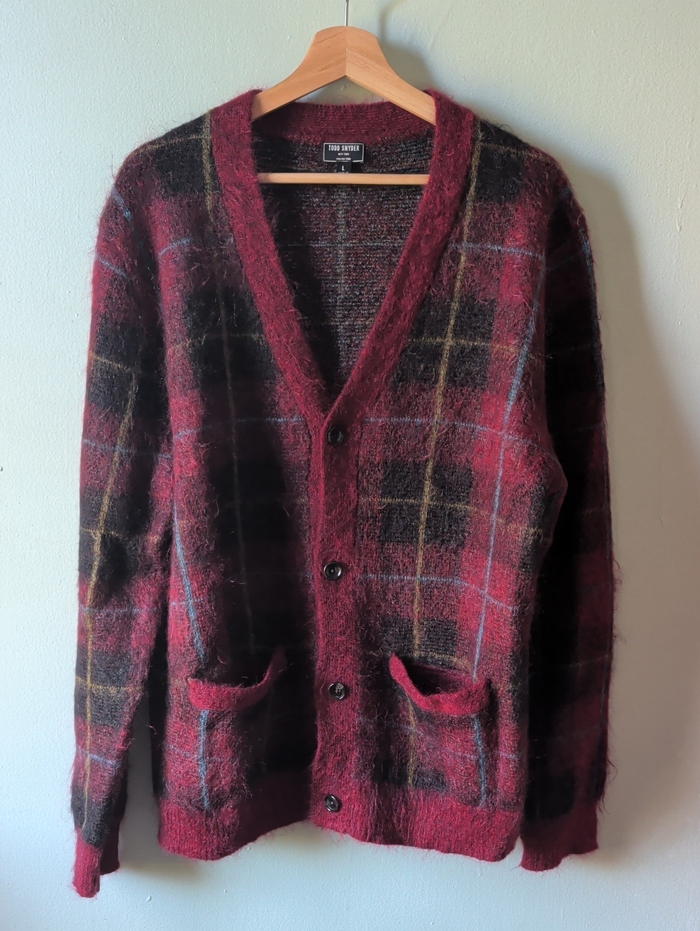 Todd Snyder Red and Black Plaid Mohair V-Neck Cardigan
